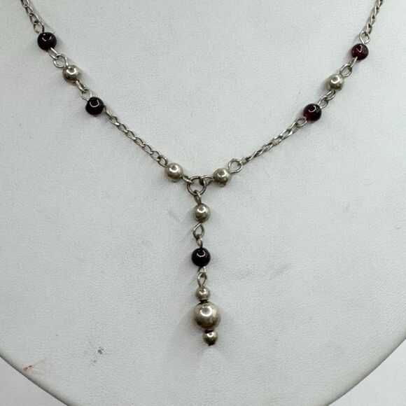Sterling Silver And Garnet Beaded Y Drop Dainty Necklace Minimalist Classic Y2K - Picture 5 of 10